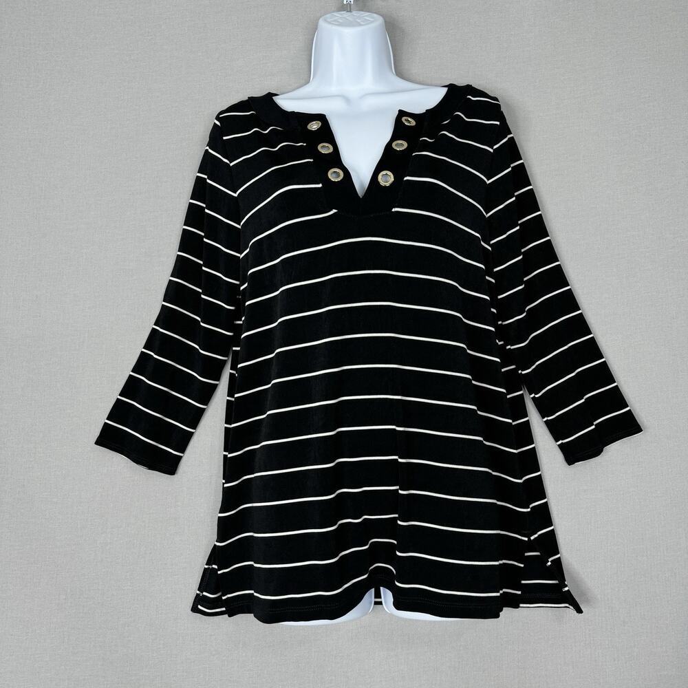 Chico's Womens Topβ 8/10 Black Striped Travelers Prep Old Money Nautical Knit